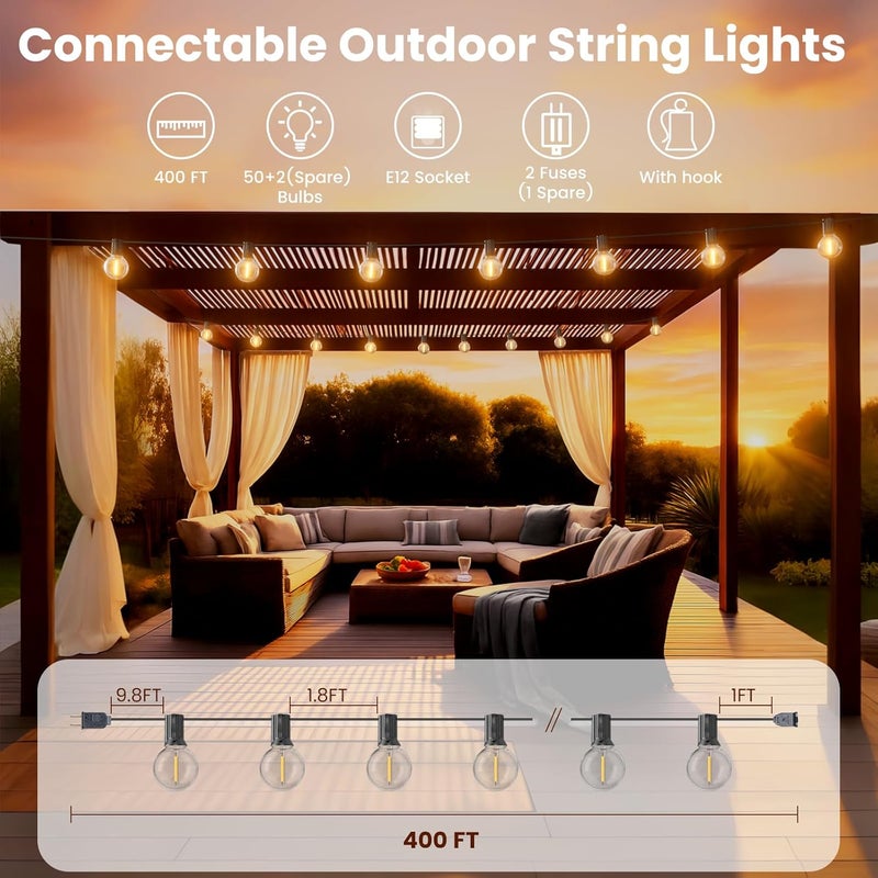 RTTY Outdoor String Lights 400 ft, 4 Pack 100 ft G40 Led Patio Lights with 52pcs Bulbs,Shatterproof Waterproof Connectable Hanging Globe for Porch Cafe Bistro Backyard Gazebo Balcony Party - Image 2